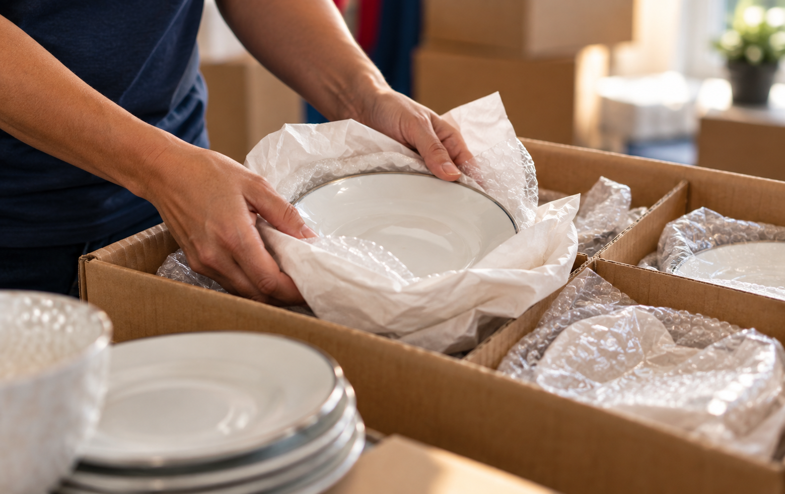 Hands packing white plates and bowls into cardboard boxes with bubble wrap