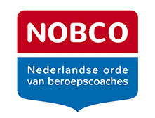 Nobco logo: red and blue badge with white text, “Nederlandse orde van beroepscoaches”