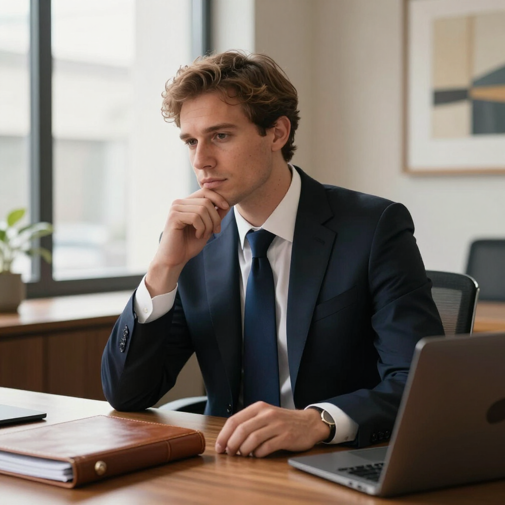 Een zakenman in pak zit aan een bureau met een laptop en kijkt peinzend voor zich uit.