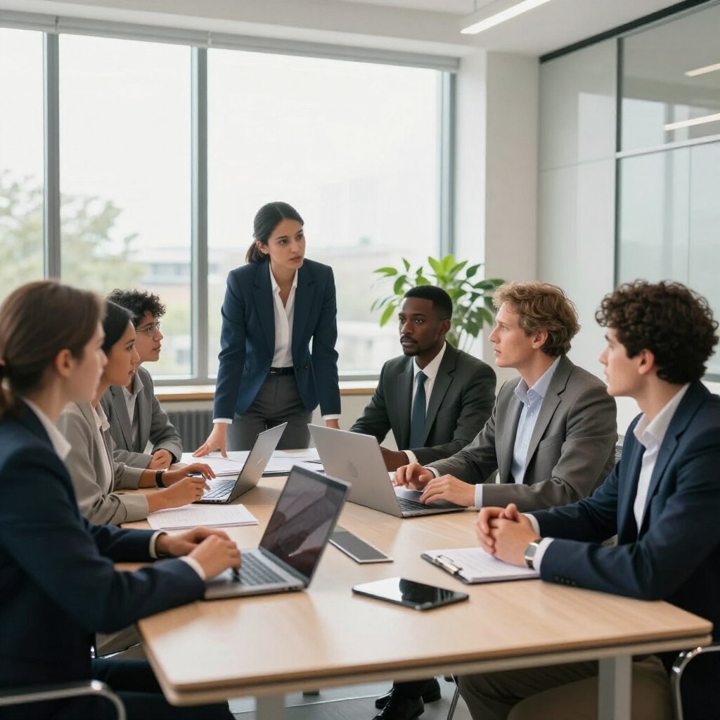 Een zakelijk team overlegt in een lichte vergaderruimte rond een tafel met laptops en documenten.