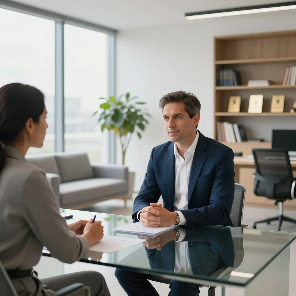 Twee professionals in een lichte kantoorruimte vergaderen tegenover elkaar aan een glazen tafel.