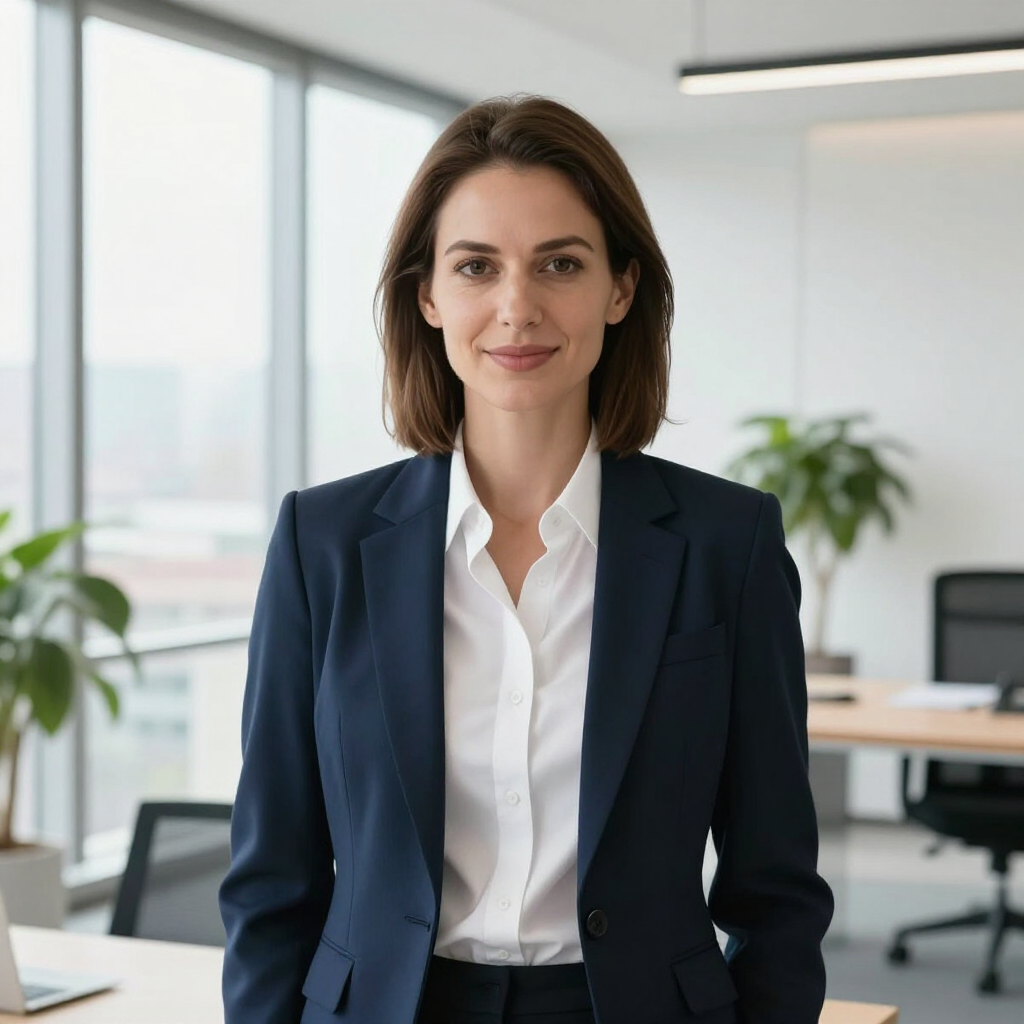 Een professionele vrouw in een marineblauwe blazer staat in een lichte, moderne kantoorruimte.