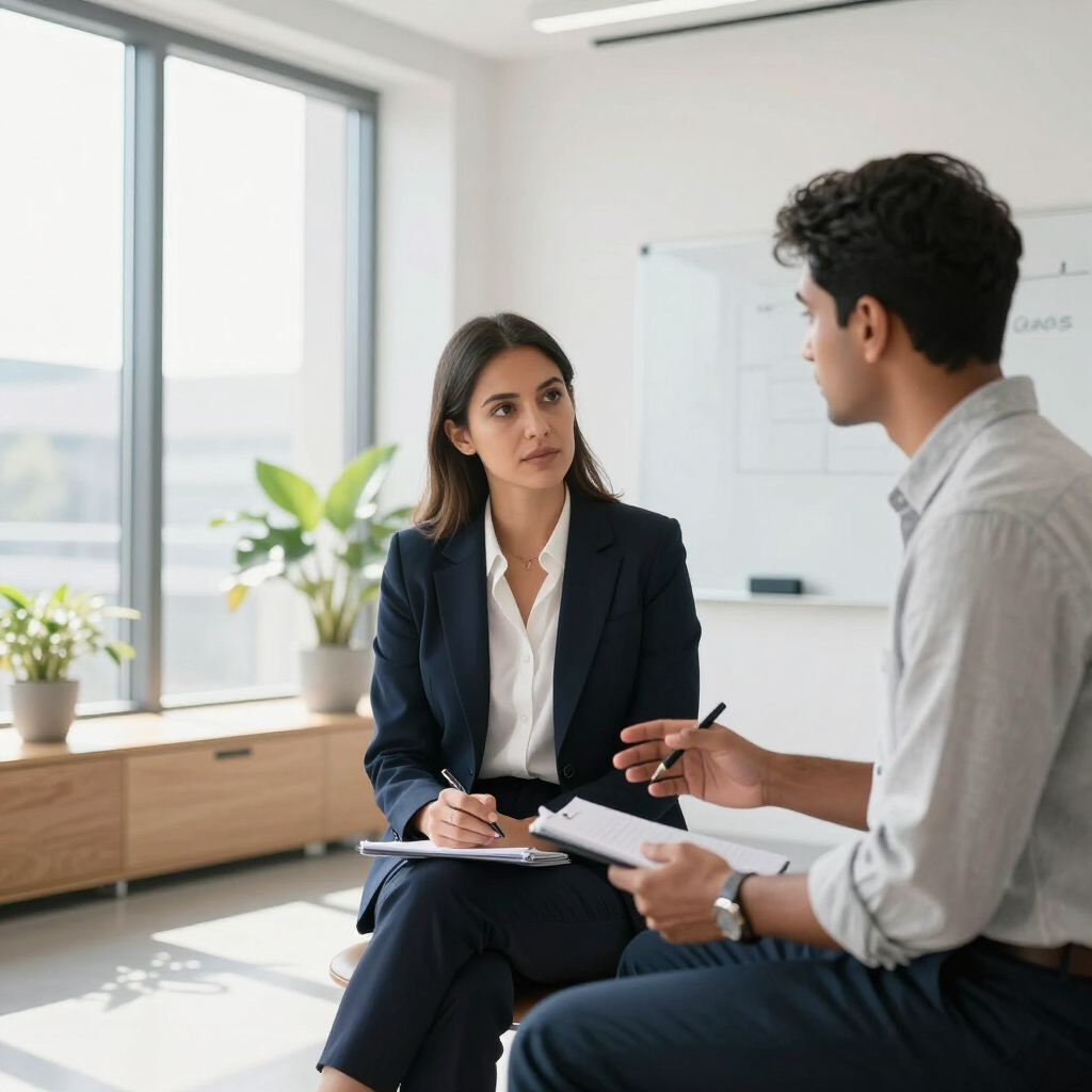 Twee collega's bespreken aantekeningen in een licht kantoor tijdens een vergadering.