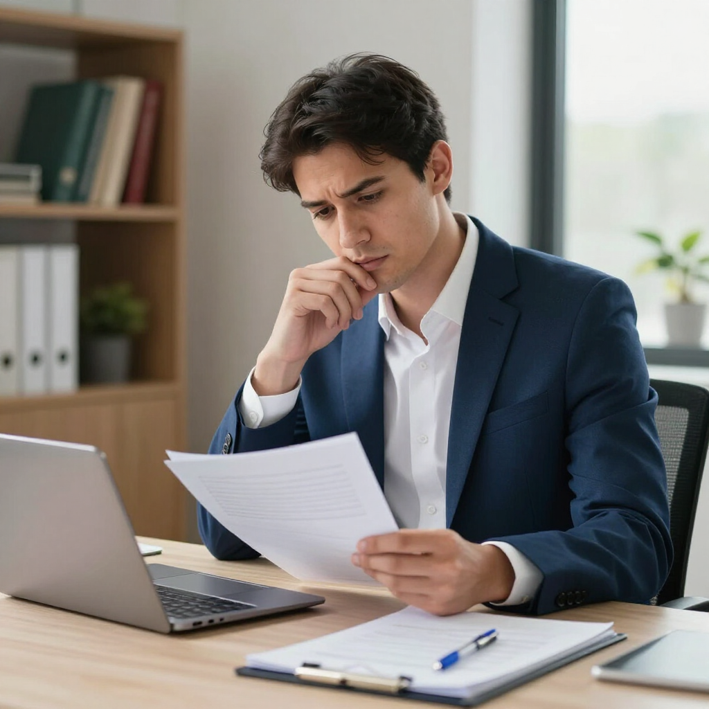 Een man in een donkerblauw pak leest een document aan een bureau met een laptop en notitieboekje, en kijkt peinzend.