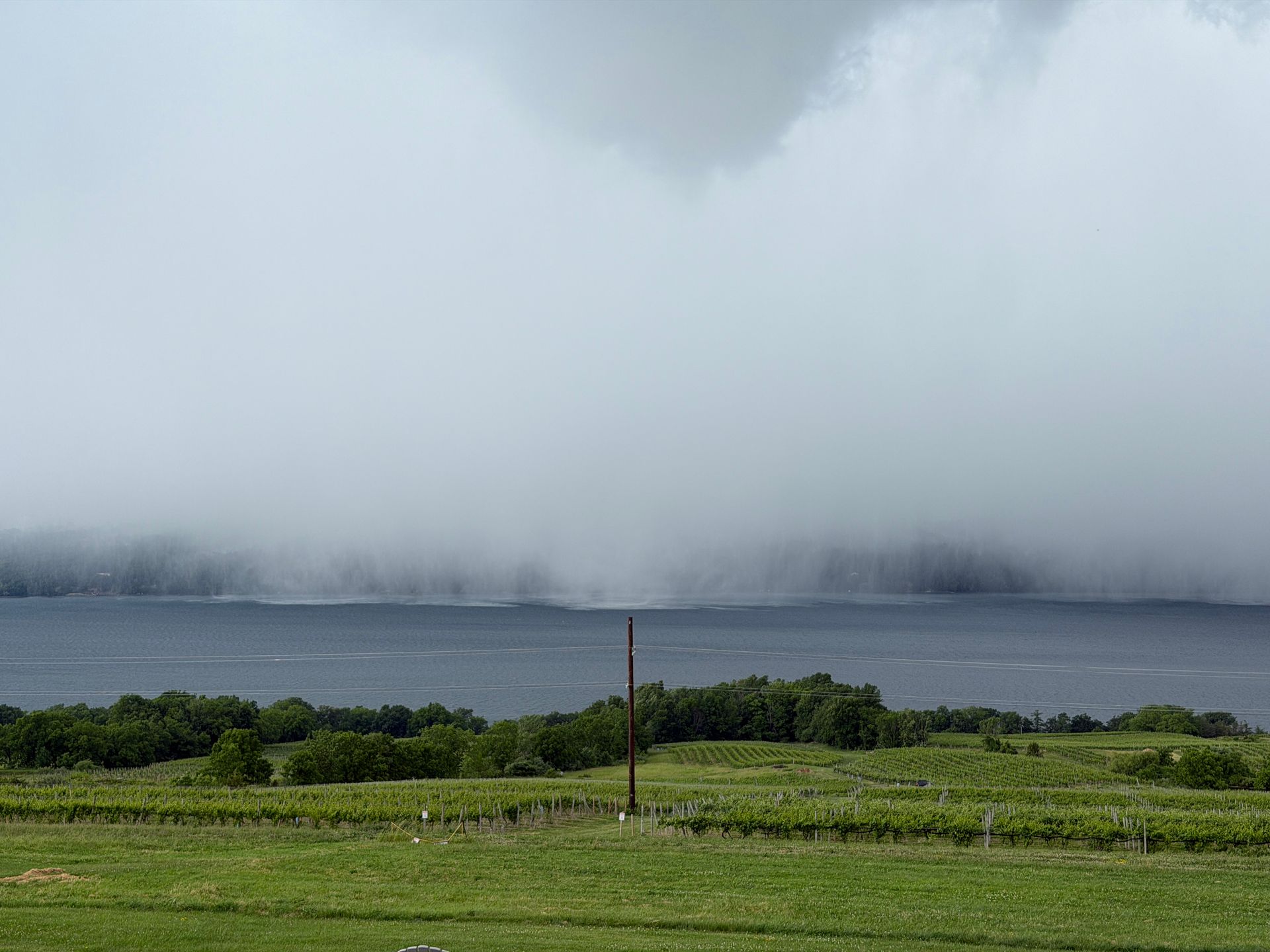 Dark storm cloud or tornado over a grassy field and distant water under a gray sky