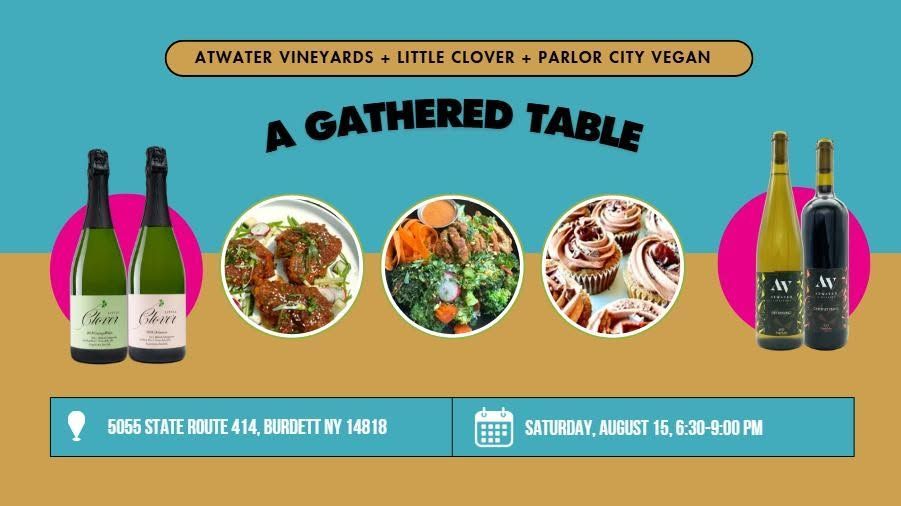 Wine-themed event flyer with bottles, food photos, and “A Gathered Table” title on teal background