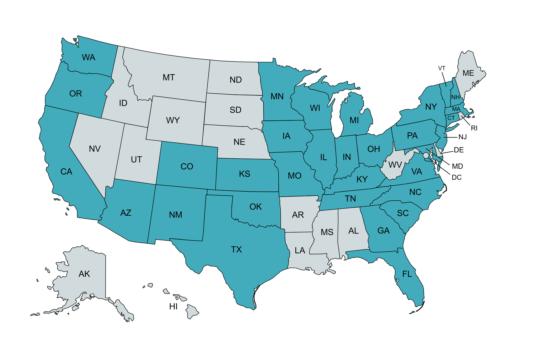 A map of the United States with most states shaded in teal and a few states left white.