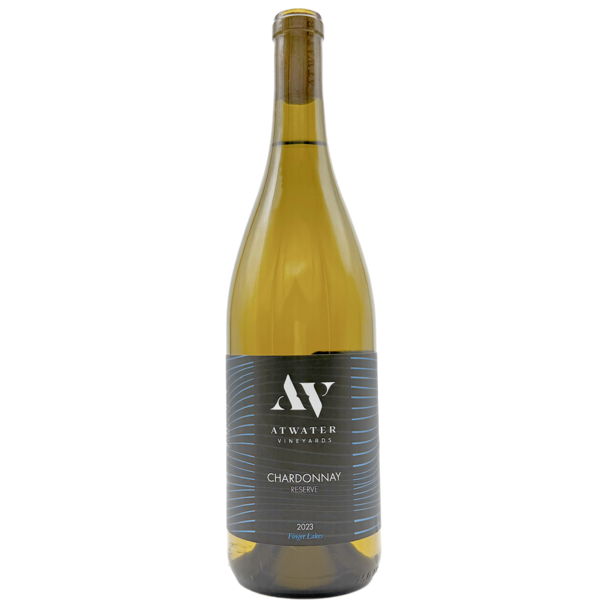Yellow wine bottle with a dark label on a white background