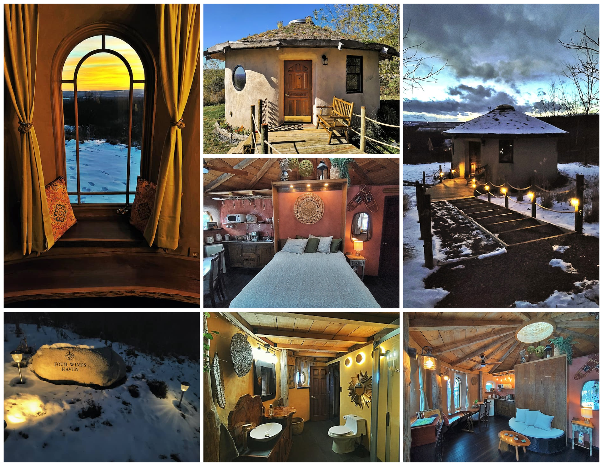 Collage of six photos showing a round earth home's interior and exterior, featuring a cozy aesthetic.