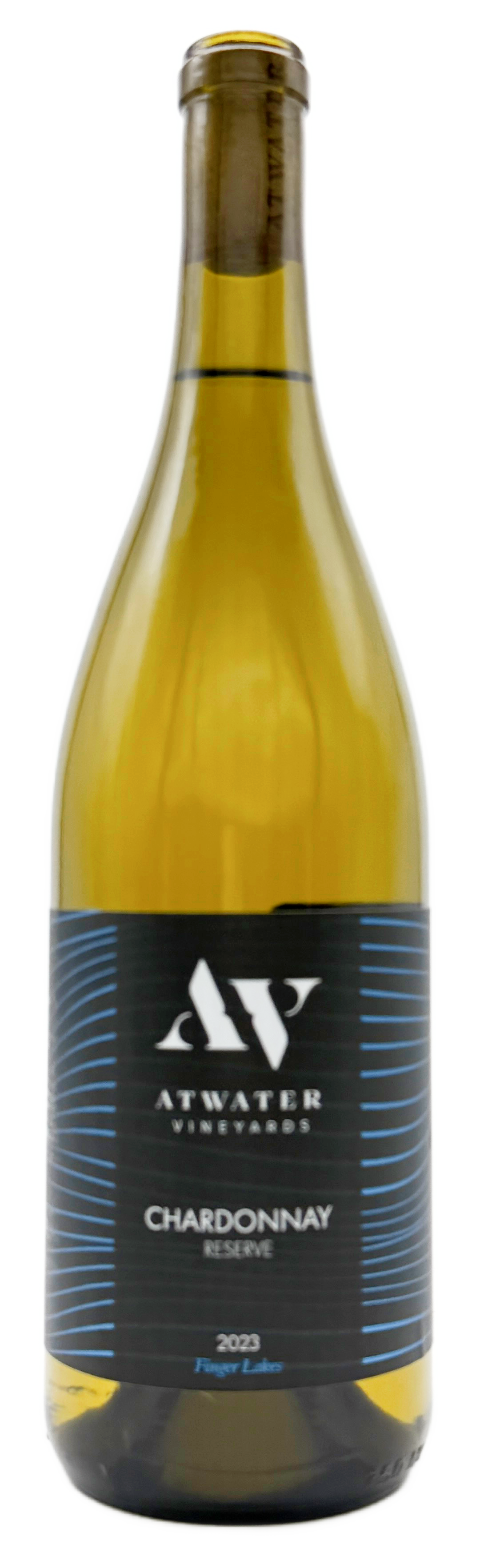 Bottle of Atwater Vineyards Chardonnay Reserve 2023 with a dark label and gold foil top on a white background