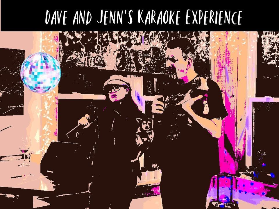 Dave and Jenn at karaoke. They're holding mics, singing. A disco ball hangs above them. Text: 