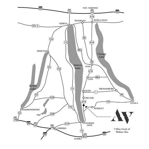 Map of the Finger Lakes region, showing roads and the shapes of several lakes, including Seneca and Cayuga.
