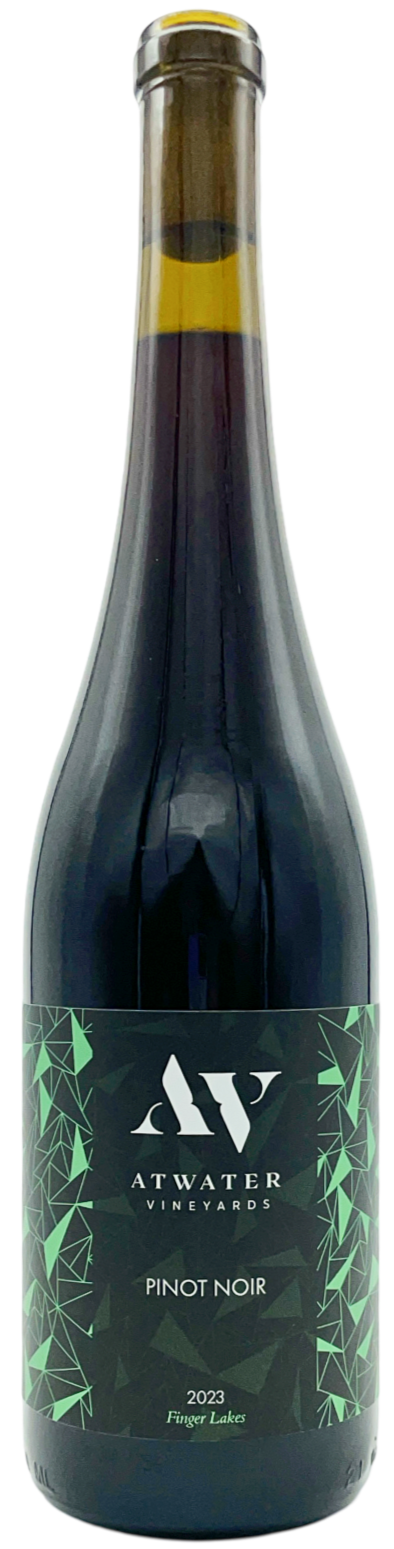Bottle of Atwater Pinot Noir 2023 wine with a dark green label and golden top.