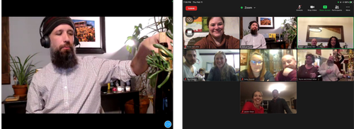 A man with a beard demonstrates plant care on a zoom call with several other participants.
