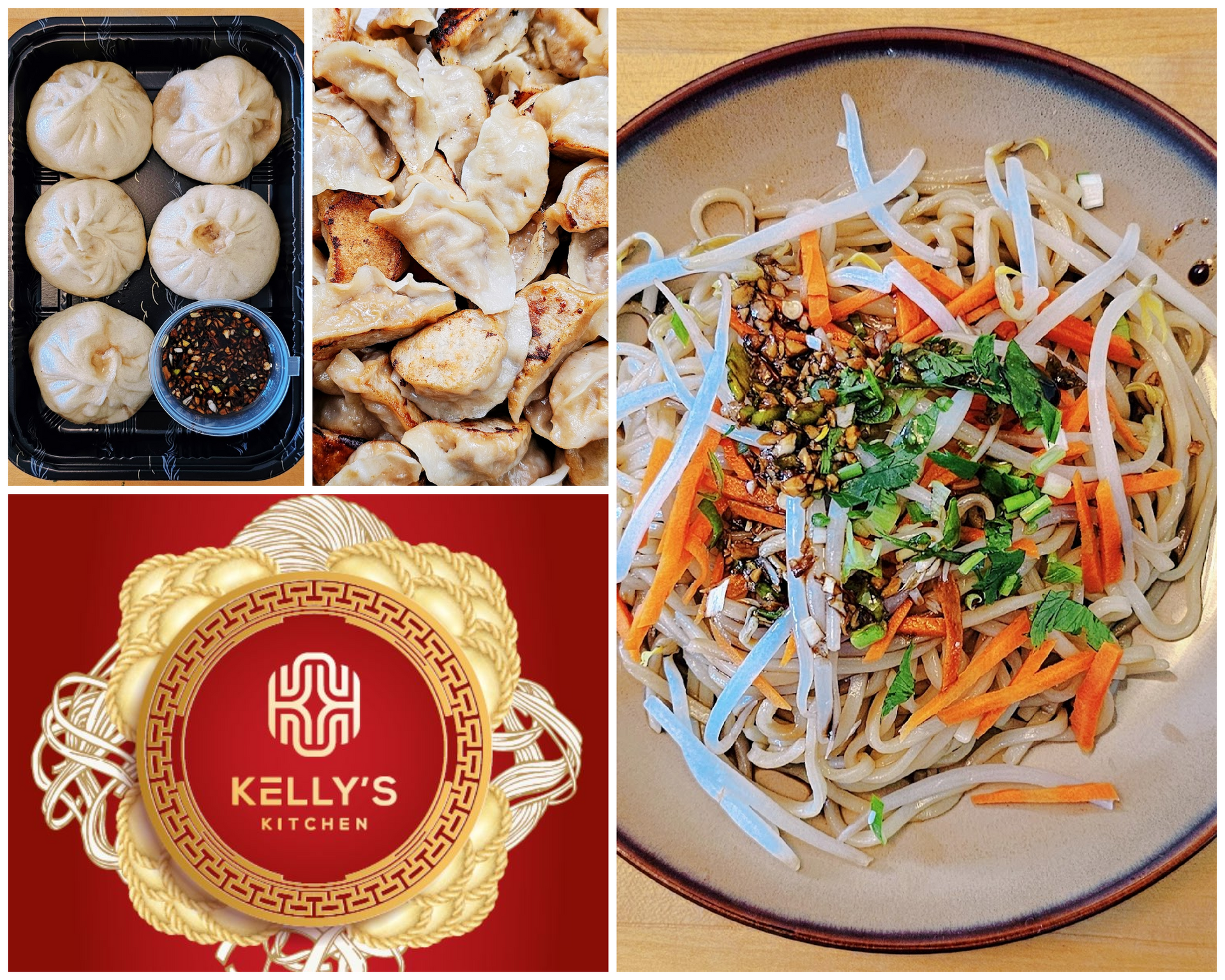 Kelly's Kitchen dishes: steamed buns with dipping sauce, dumplings, noodle salad, and a logo on a red background.