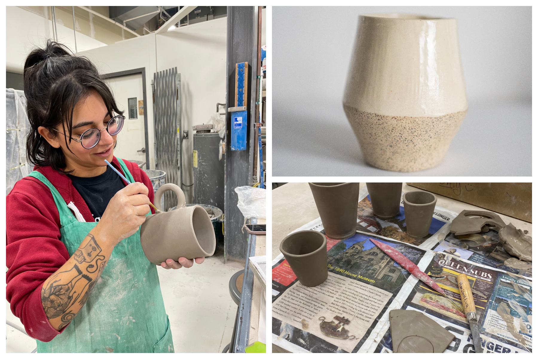 Woman paints pottery, ceramic vase, and unfired clay cups in a studio setting.