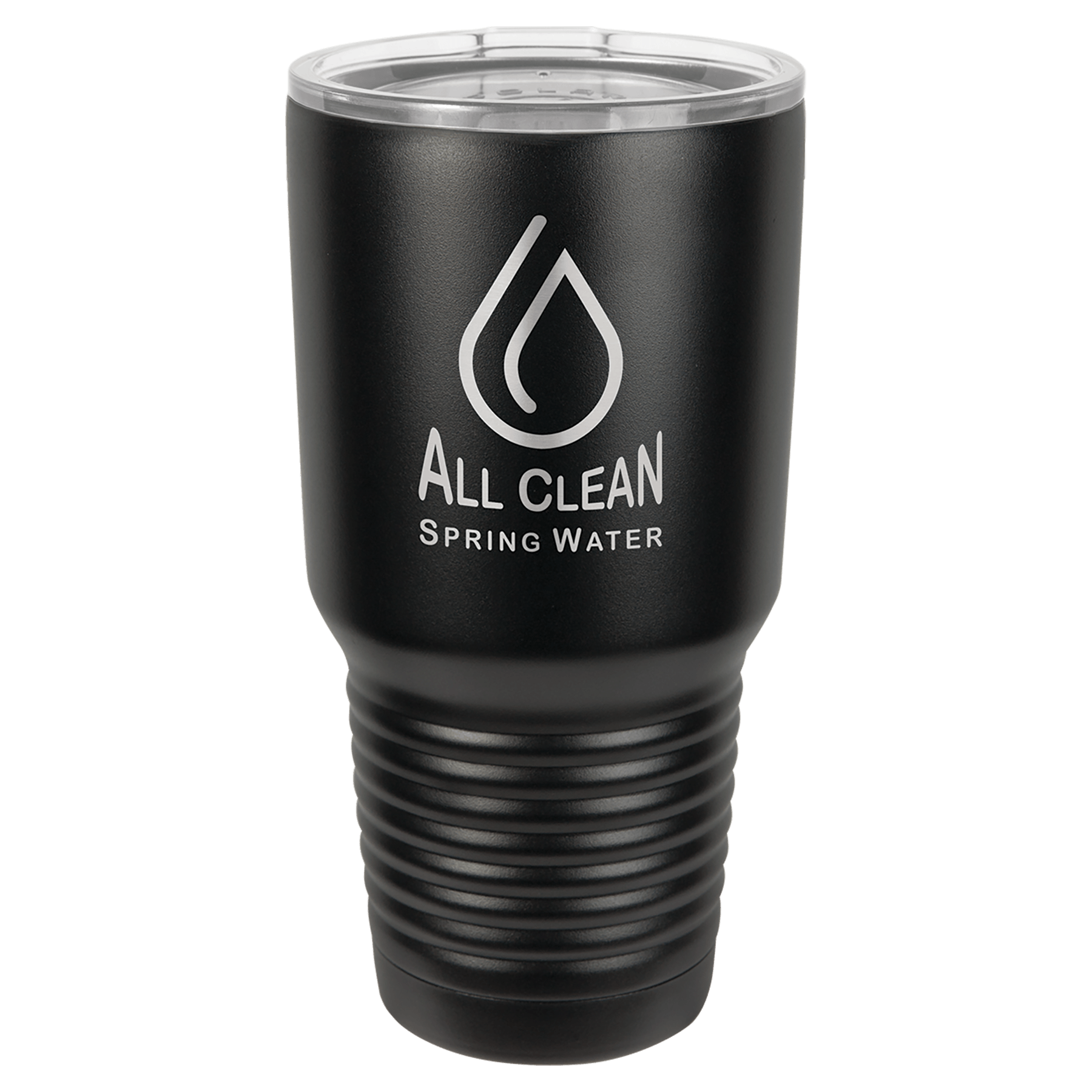 A black, insulated travel tumbler with a clear lid, featuring the white logo 