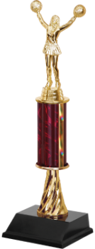 A gold cheerleading trophy with a maroon column, a spiral base, and a black pedestal.
