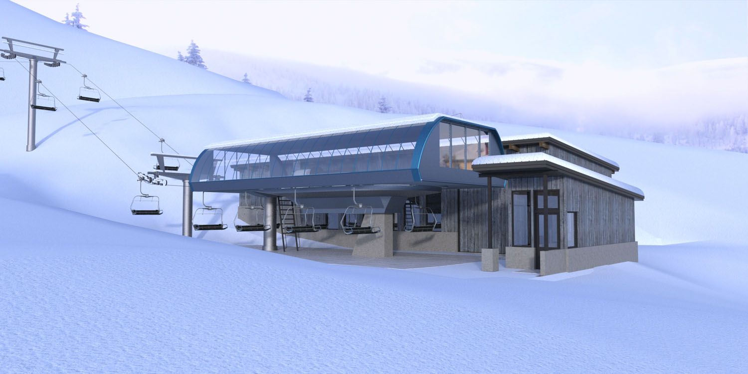 A ski lift is going up a snow covered mountain.