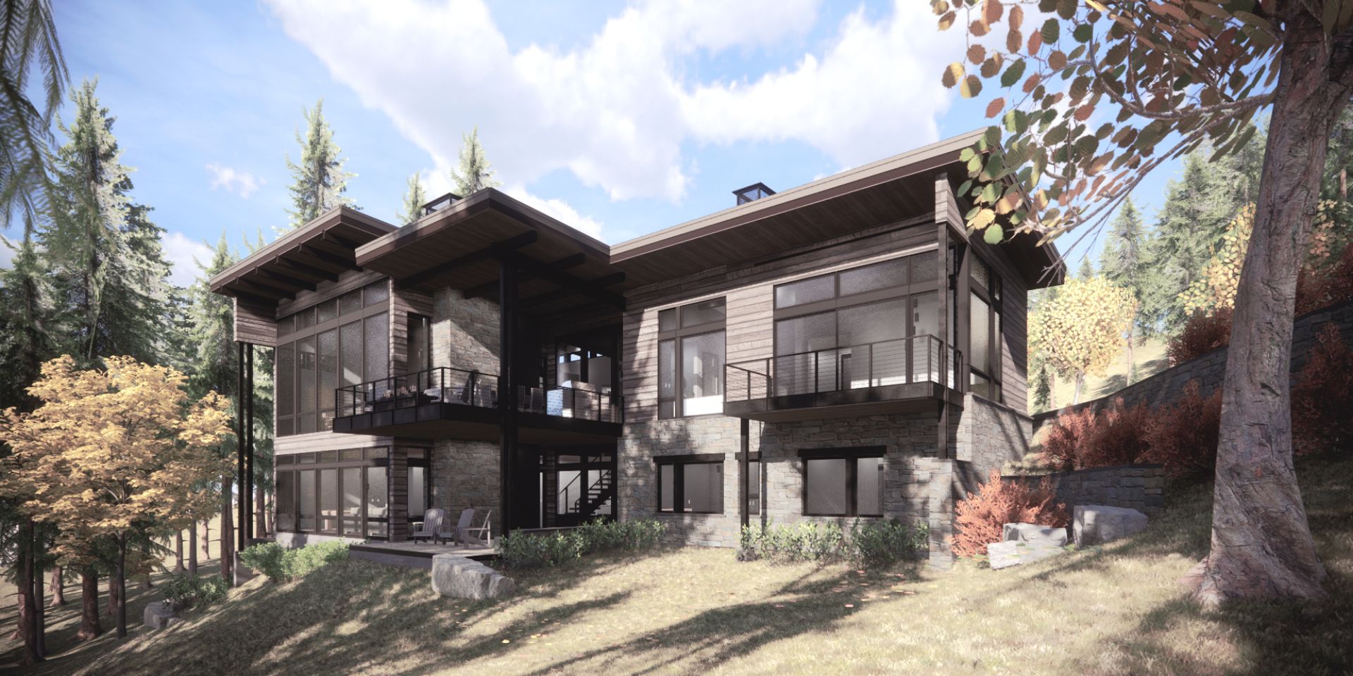 A large house is sitting on top of a hill in the middle of a forest.