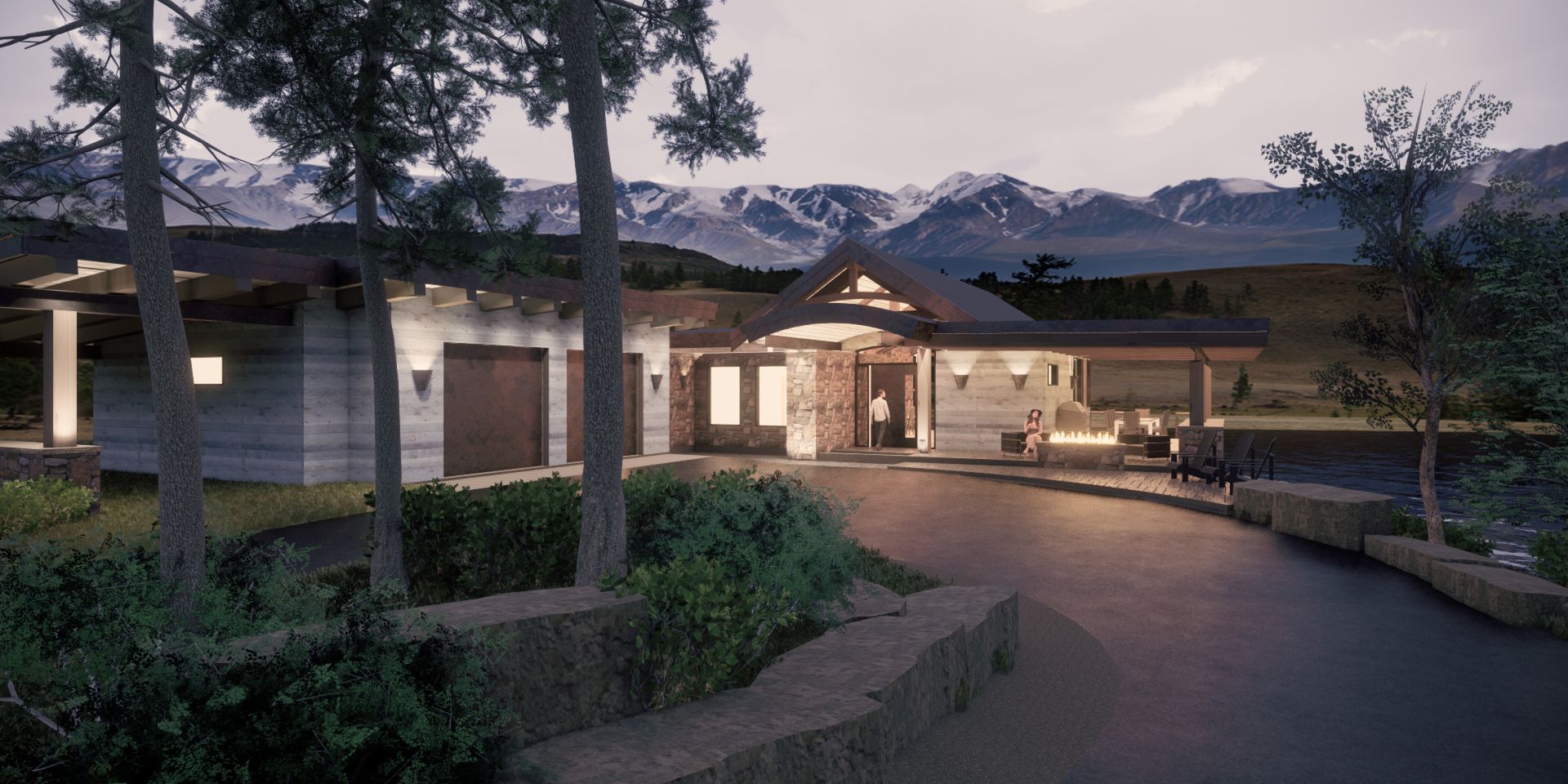 An artist 's impression of a house with mountains in the background.