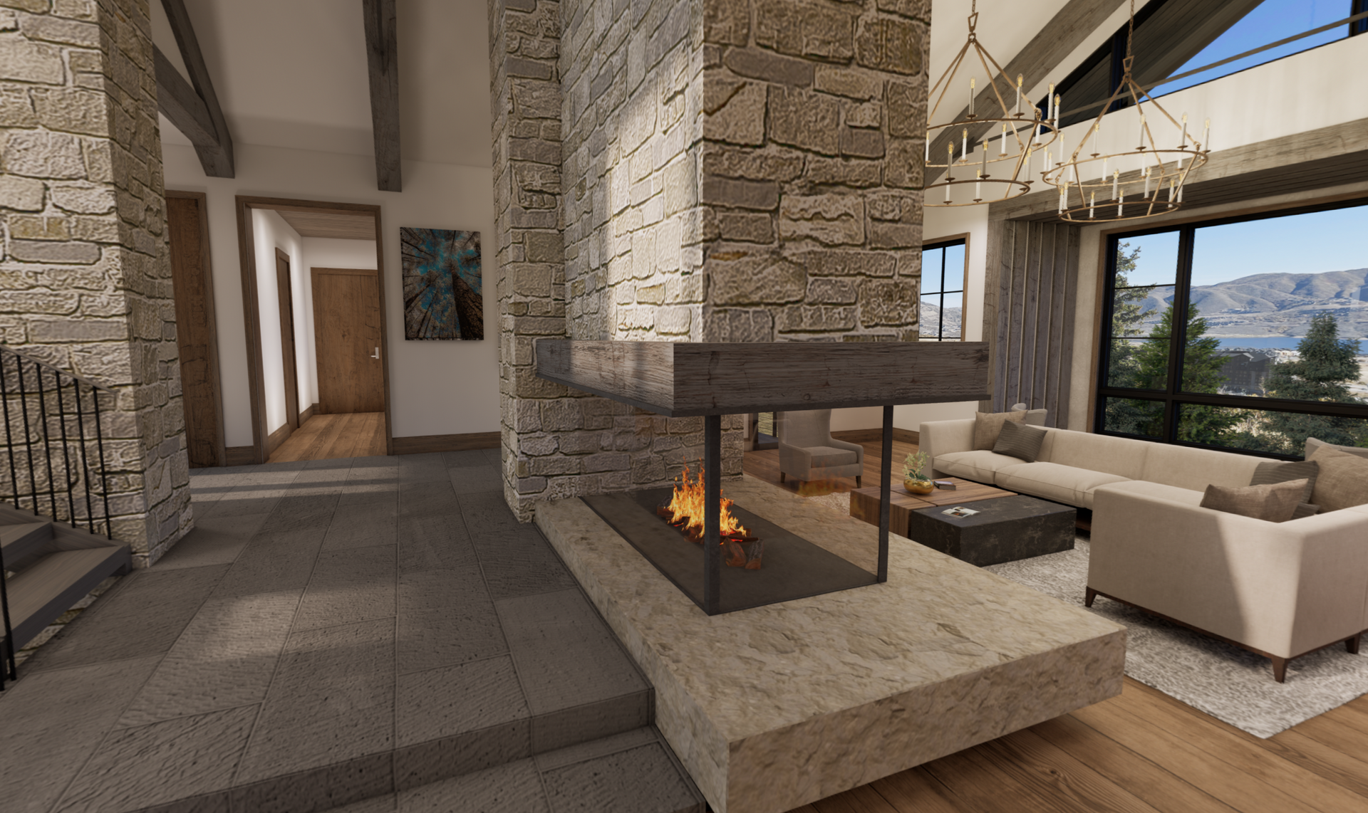 A living room with a fireplace and a couch.