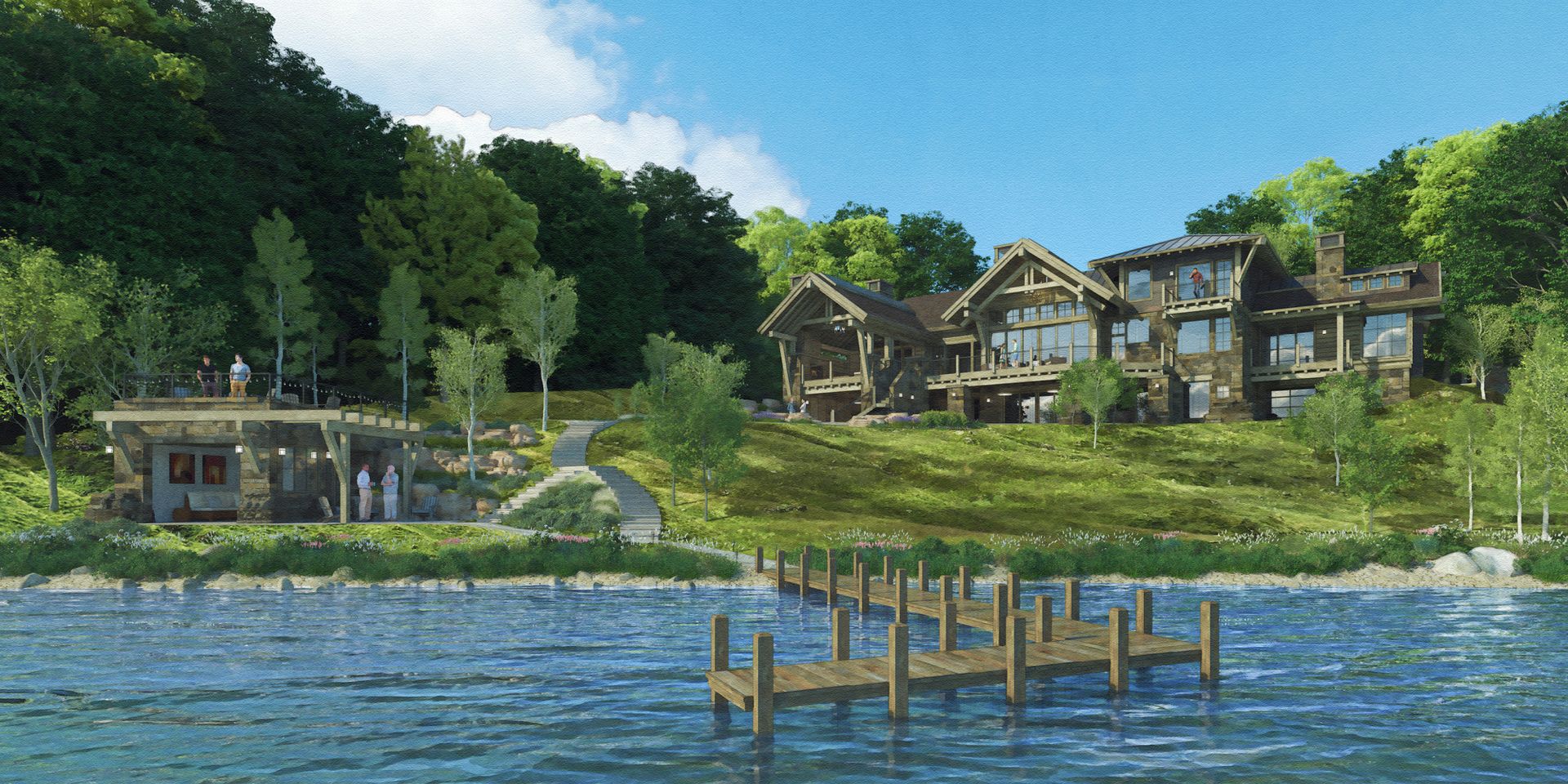 A large house is sitting on top of a hill next to a lake.