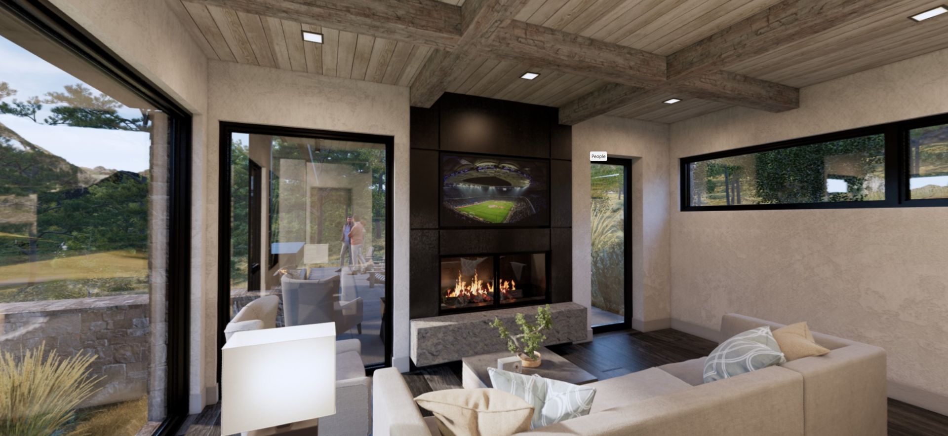 An artist 's impression of a living room with a fireplace and a couch.