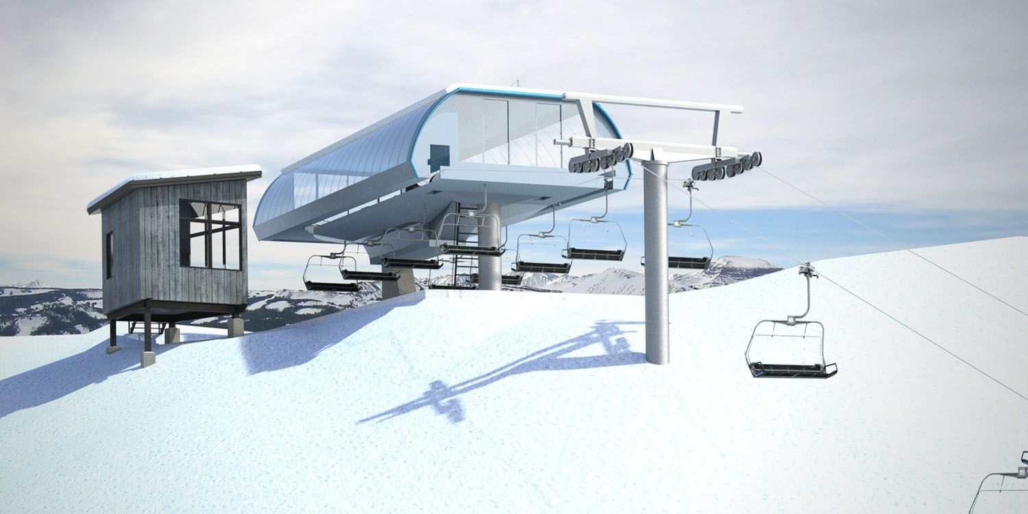 A ski lift is sitting on top of a snow covered mountain.