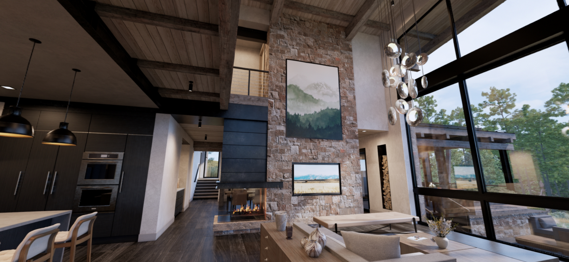 An artist 's impression of a living room with a fireplace and a television.