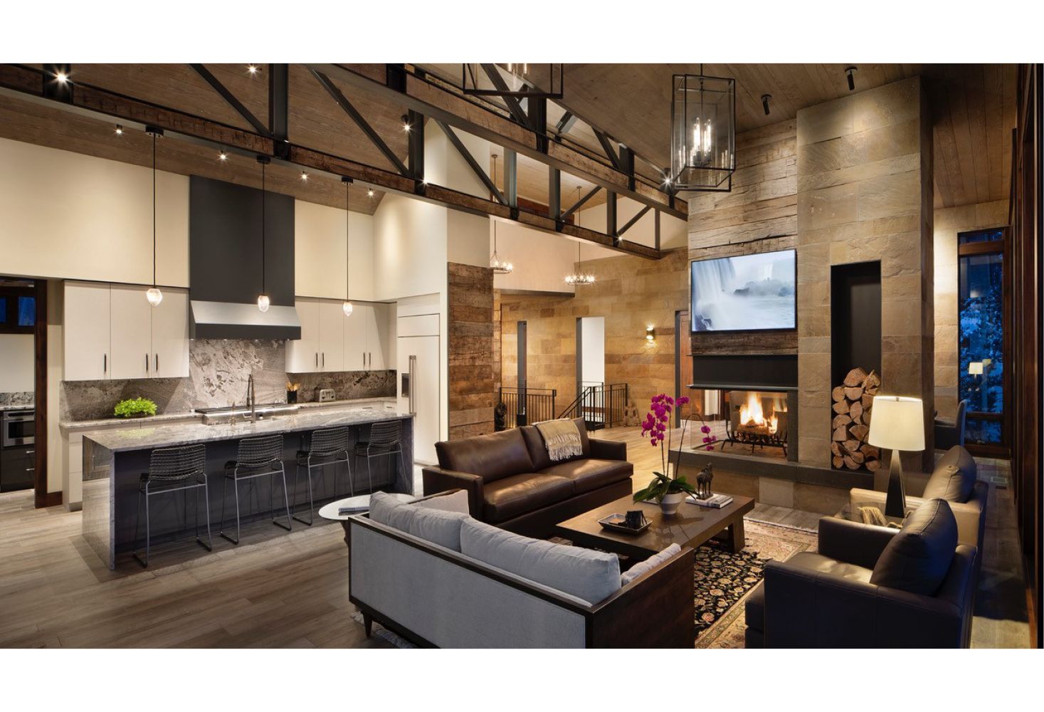 A living room filled with furniture and a fireplace.
