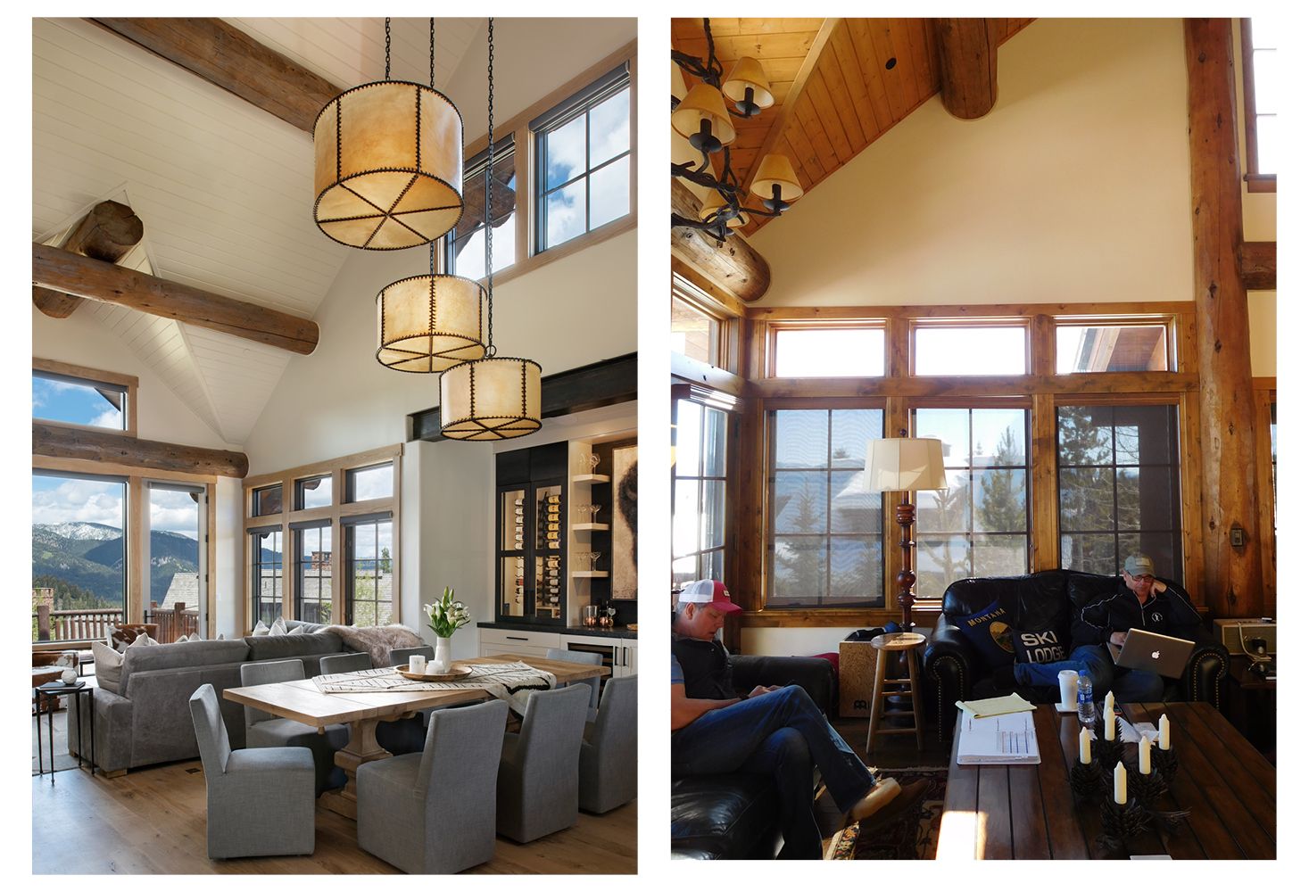 A picture of a living room and a picture of a dining room