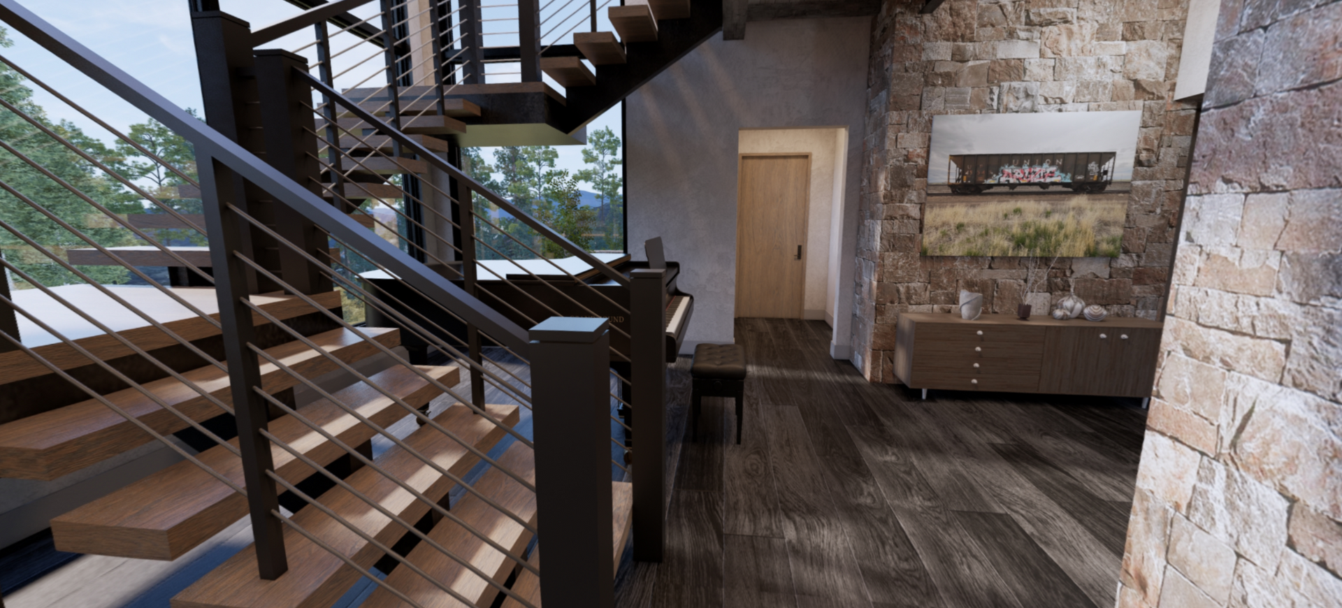 There is a staircase in the middle of the room.