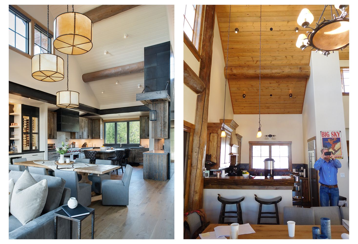 A picture of a living room and a picture of a kitchen