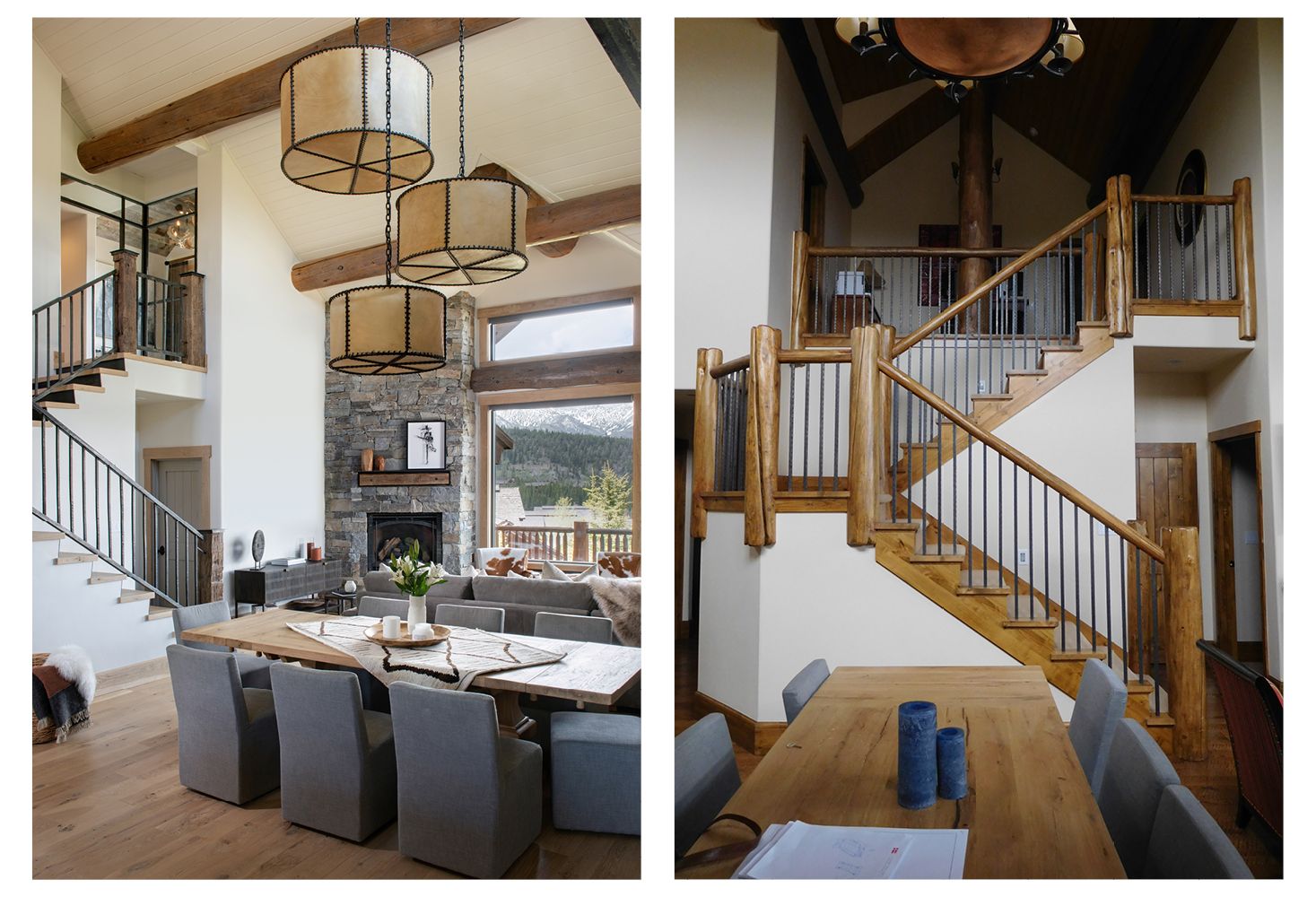 Two pictures of a living room and dining room with stairs.