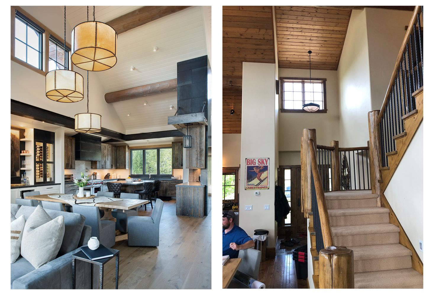 Two pictures of a living room and stairs in a house.