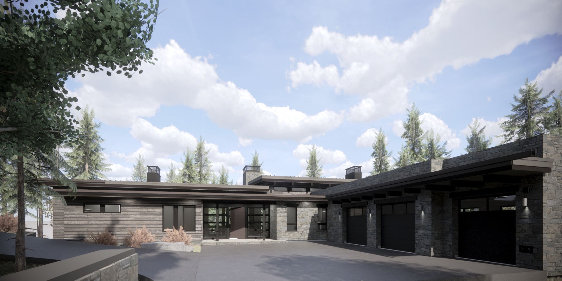 An artist 's impression of a modern house with a large driveway leading to it.