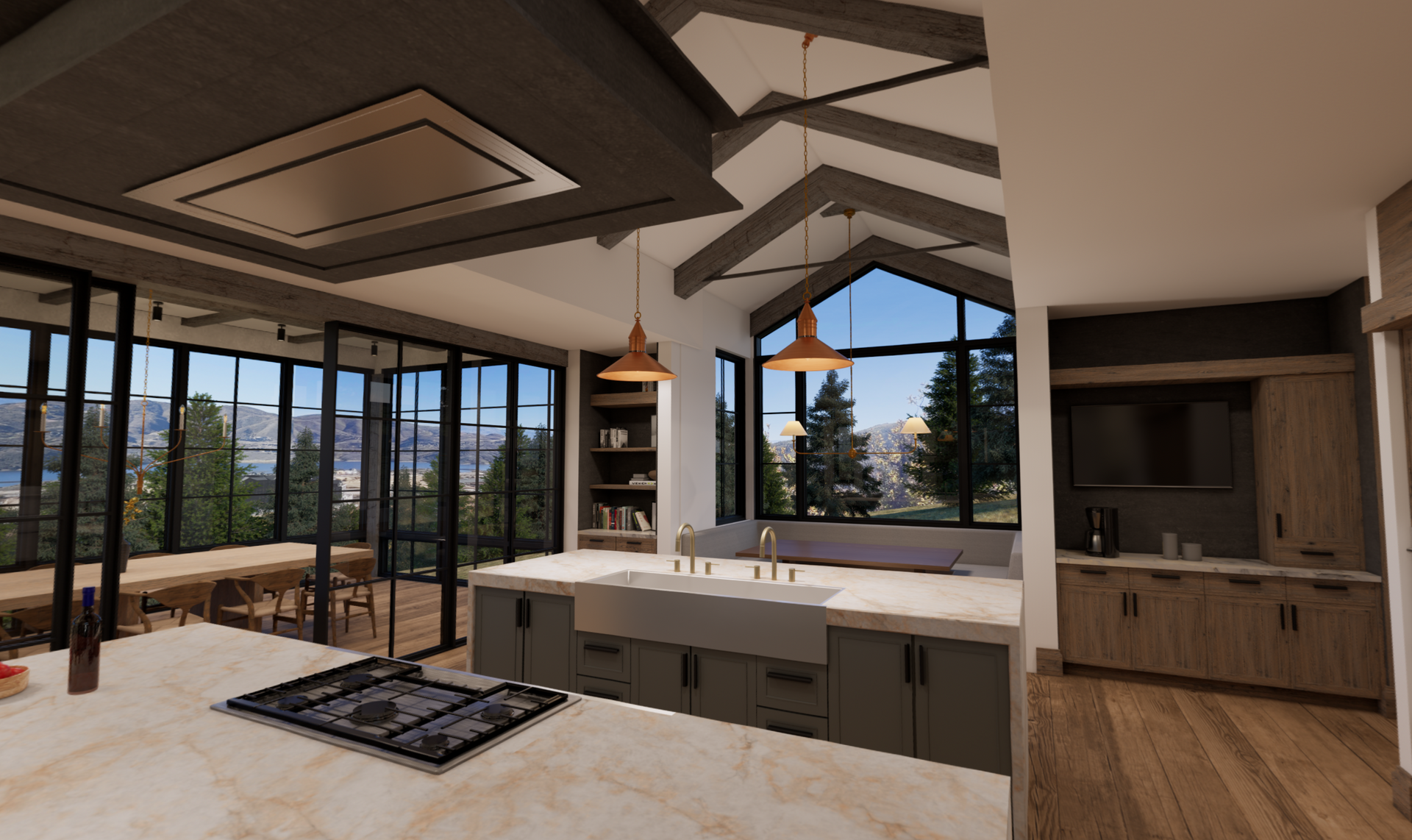 An artist 's impression of a kitchen with a large sink and lots of windows.