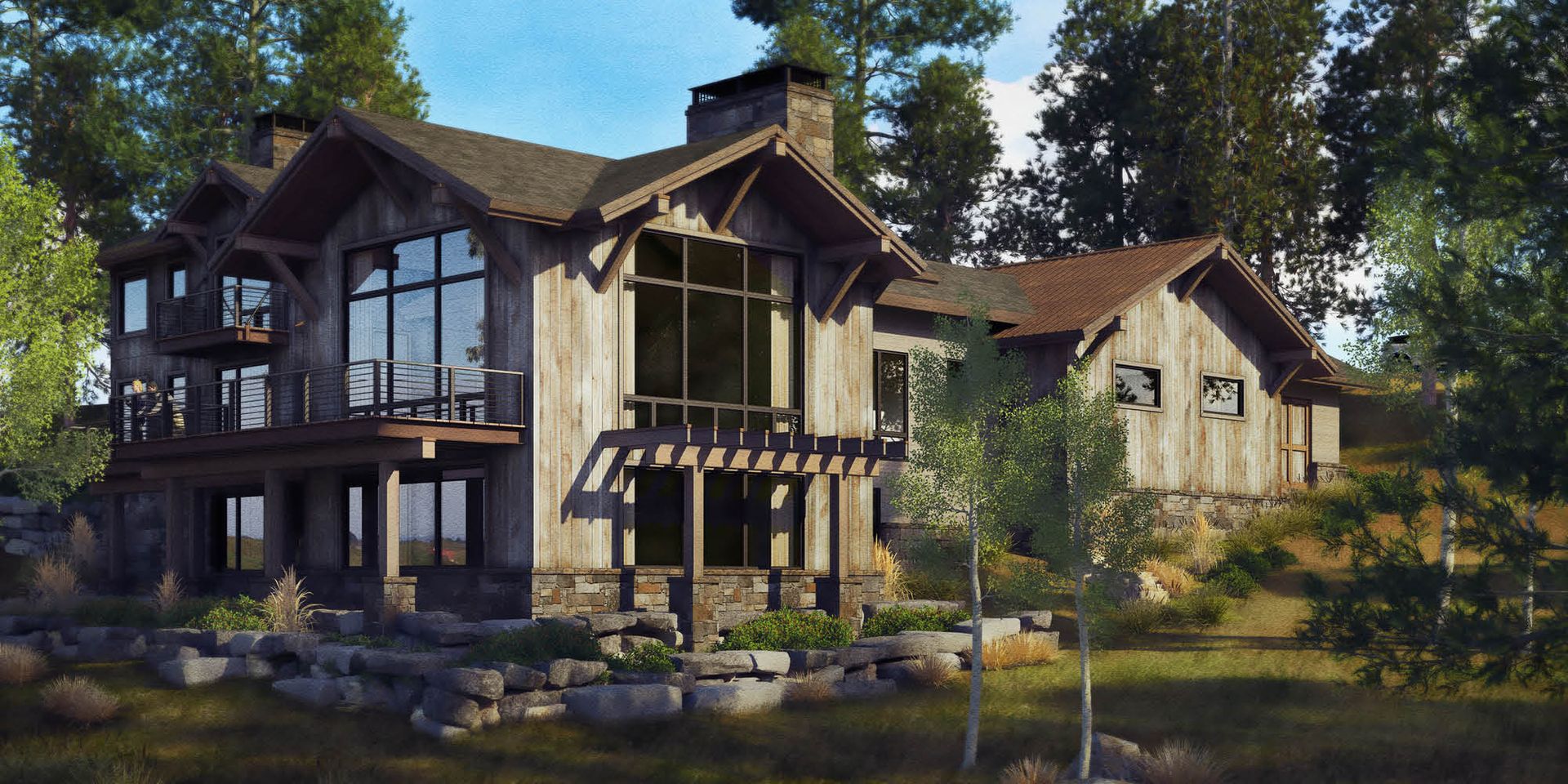 A large house with a lot of windows is surrounded by trees.