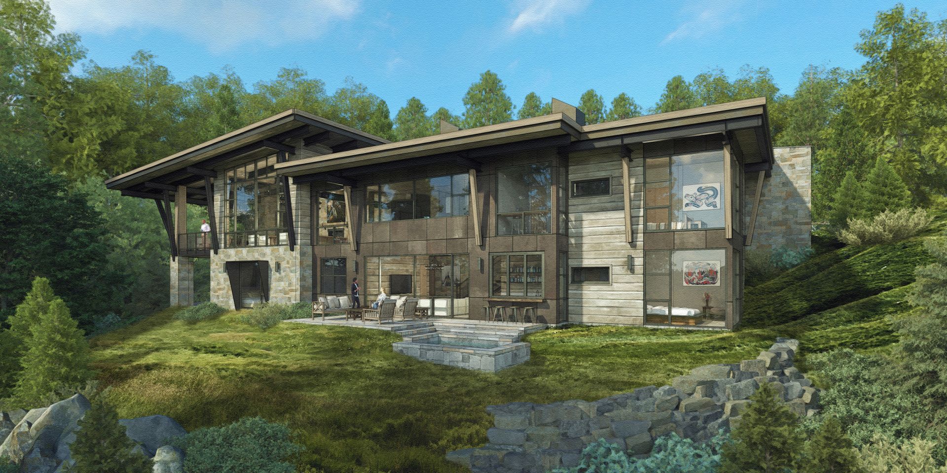 A large house is sitting on top of a hill surrounded by trees.