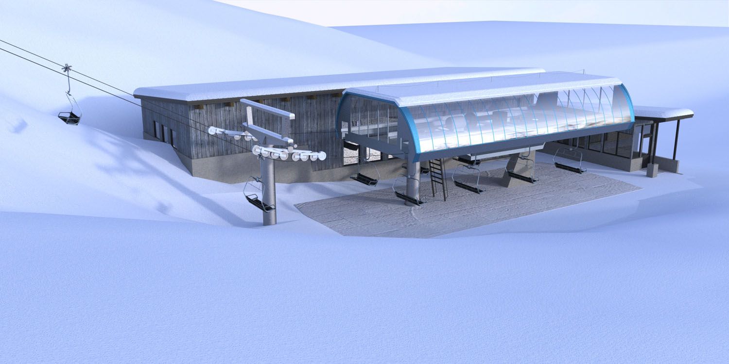 A ski lift is going up a snow covered mountain.