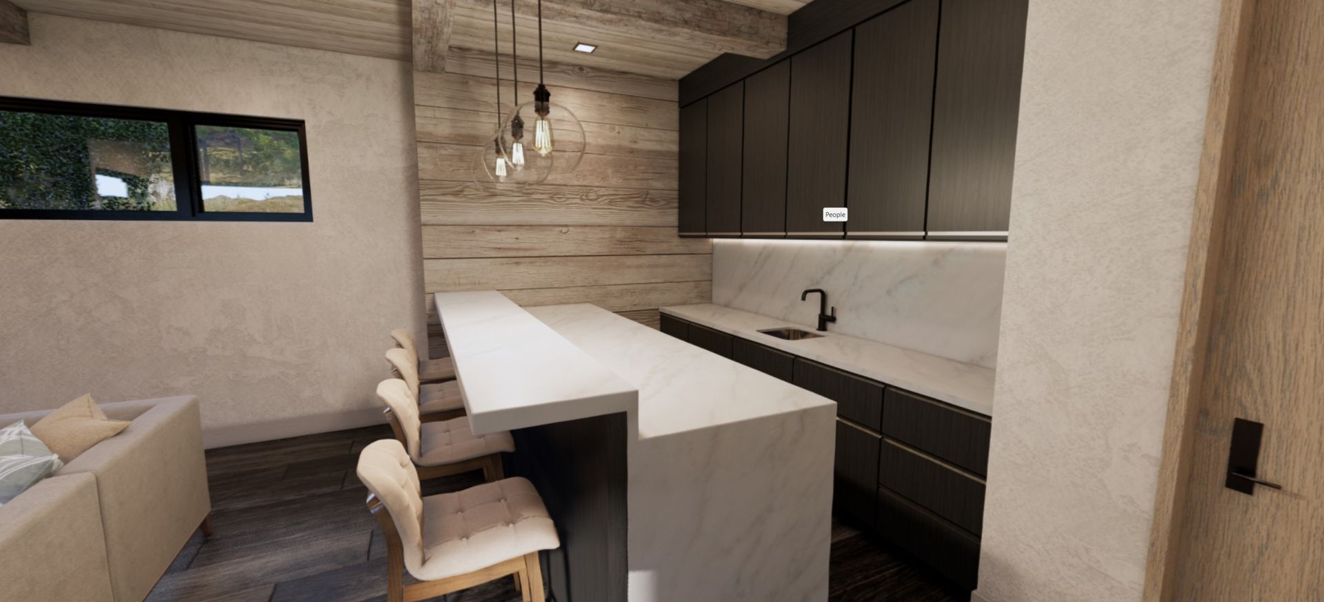 An artist 's impression of a kitchen with black cabinets and a large island.