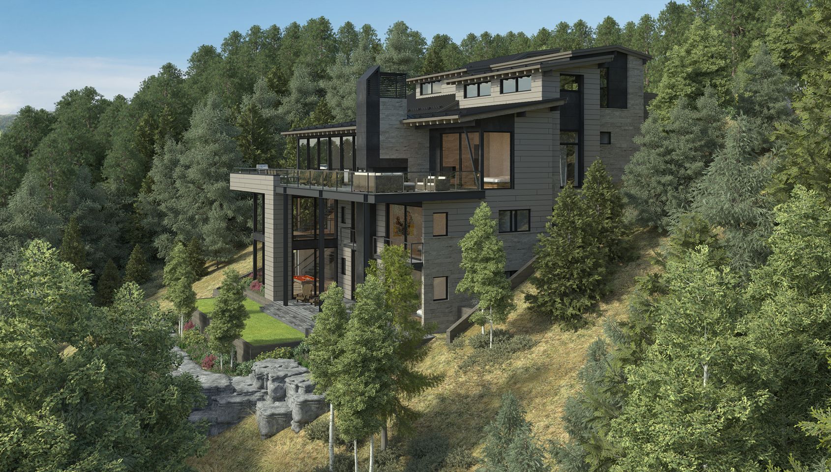 A large house is sitting on top of a hill surrounded by trees.