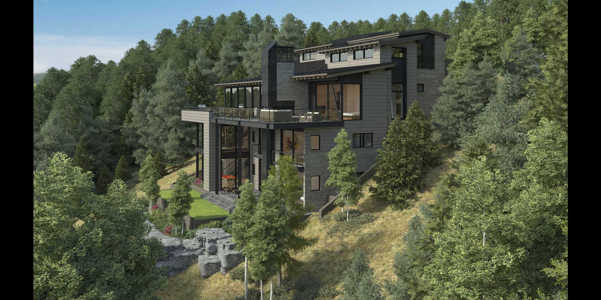 A large house is sitting on top of a hill surrounded by trees.