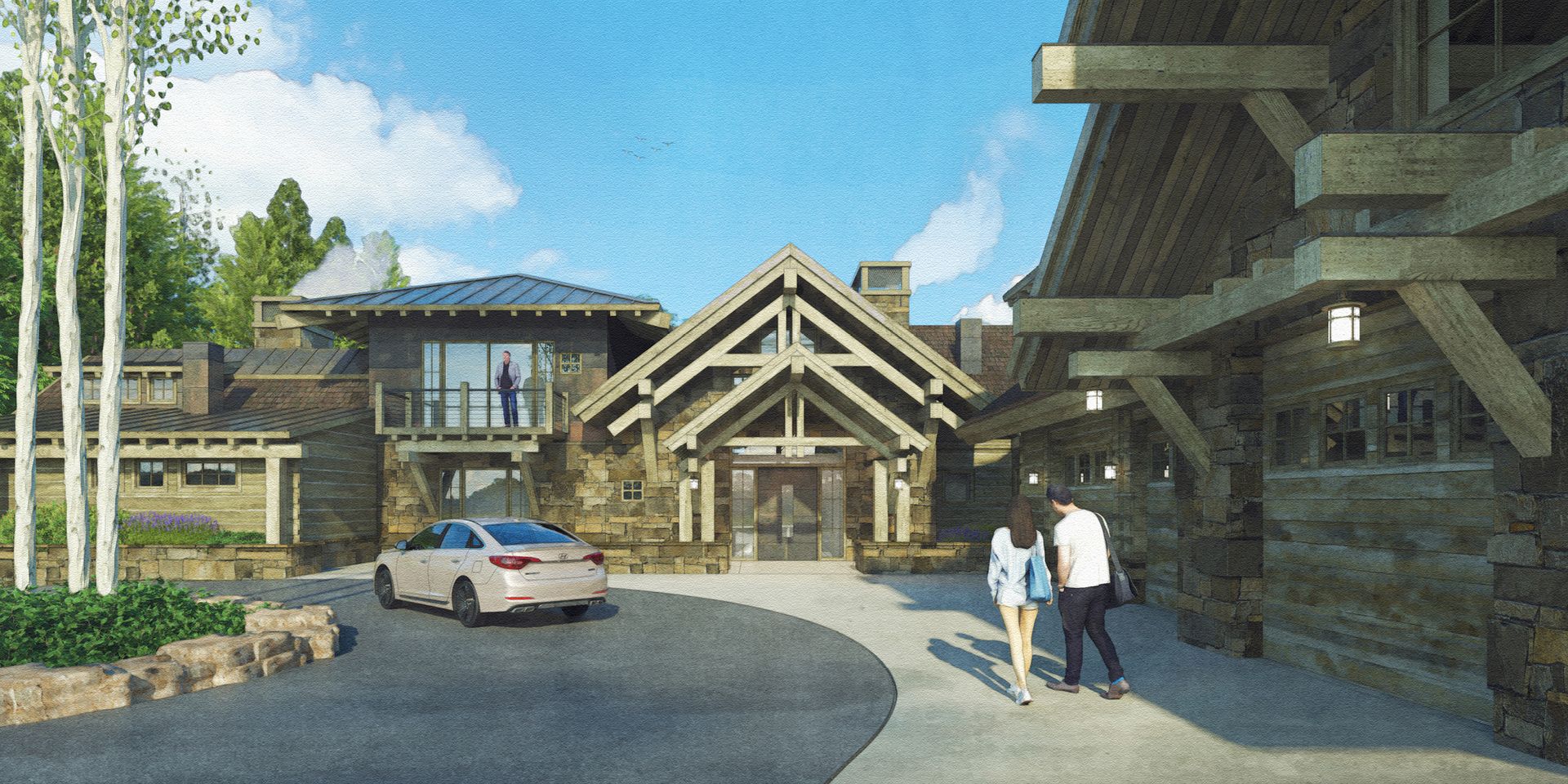 A car is parked in front of a large house.