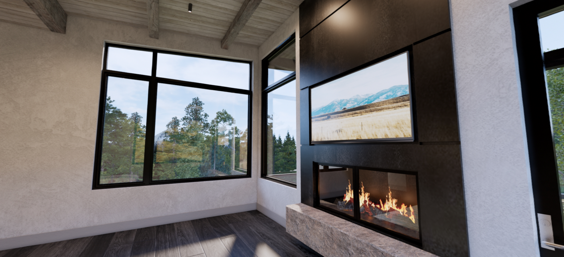 A living room with a fireplace and a television on the wall.