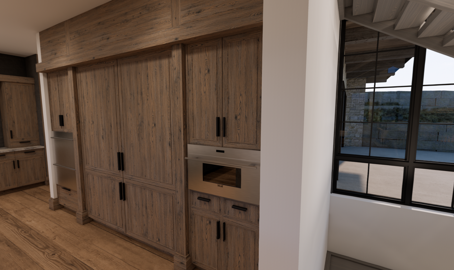 A kitchen with wooden cabinets and a stainless steel oven.
