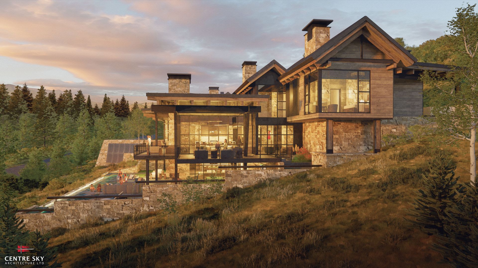 A black and white photo of a large house on top of a hill.