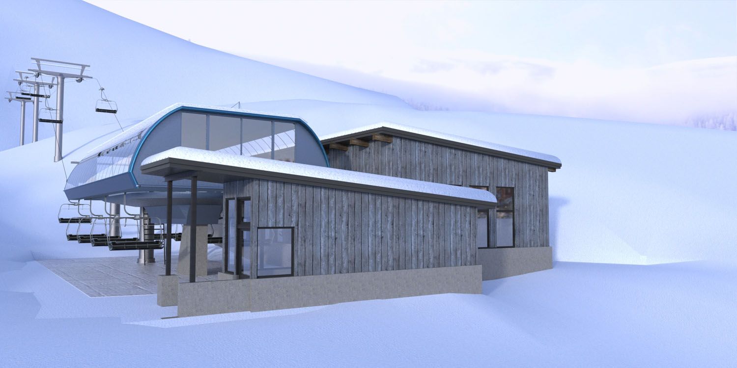 A building in the middle of a snowy mountain with a ski lift in the background.