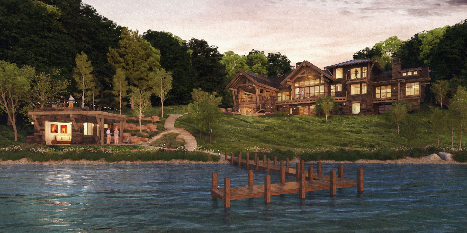 A large house is sitting on top of a hill next to a lake.